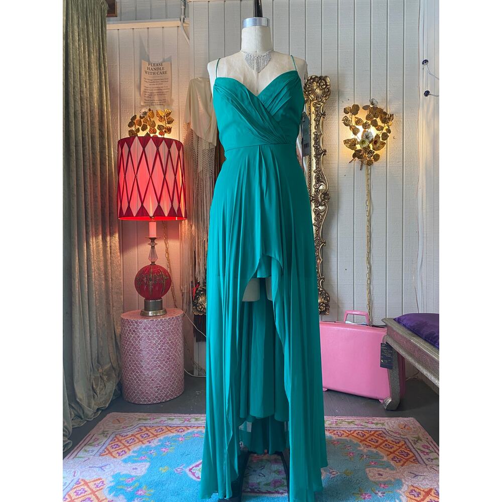 vintage y2k green silk chiffon gown, nicole miller maxi dress, high low formal m